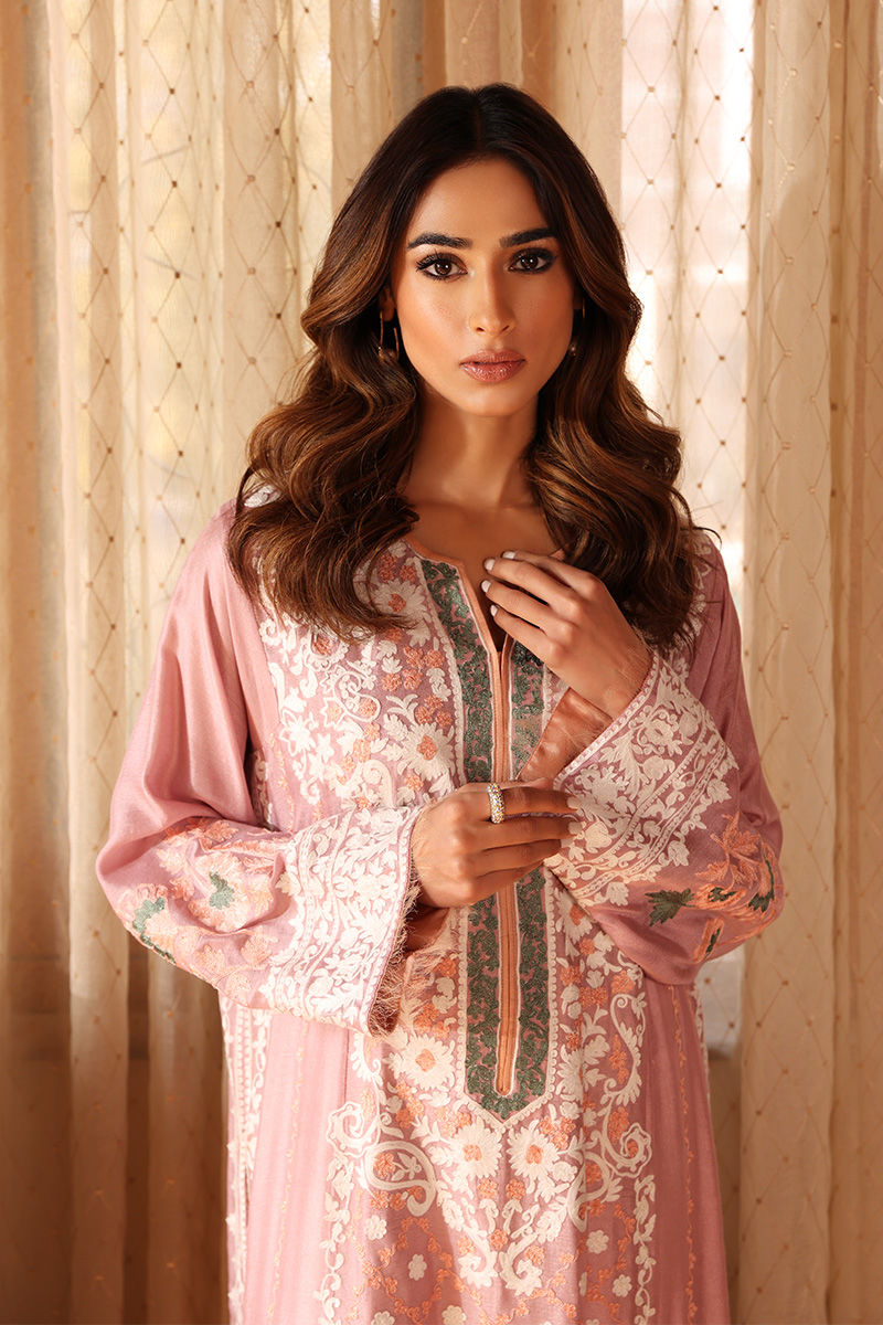 Pakistani Zephyr Pink Embroidered Cotton Net Long Shirt (1-Pc) - Image 2