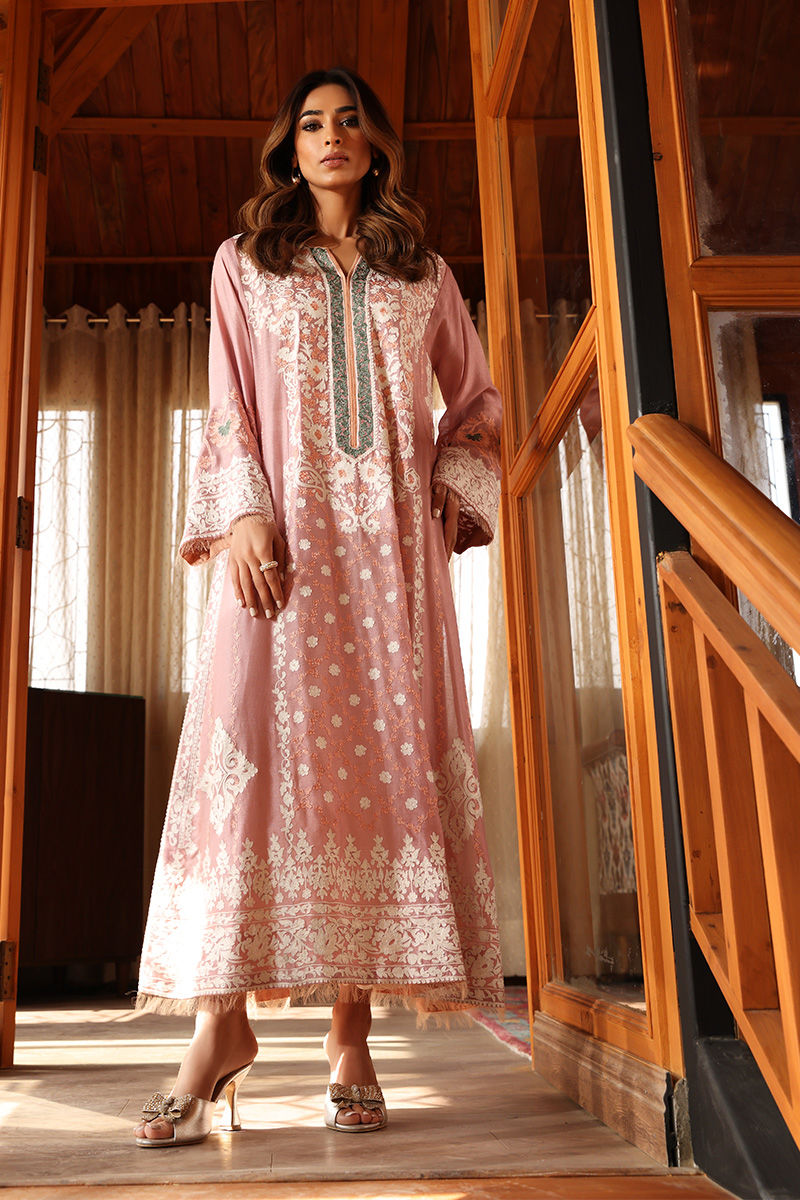 Pakistani Zephyr Pink Embroidered Cotton Net Long Shirt (1-Pc) - Image 7