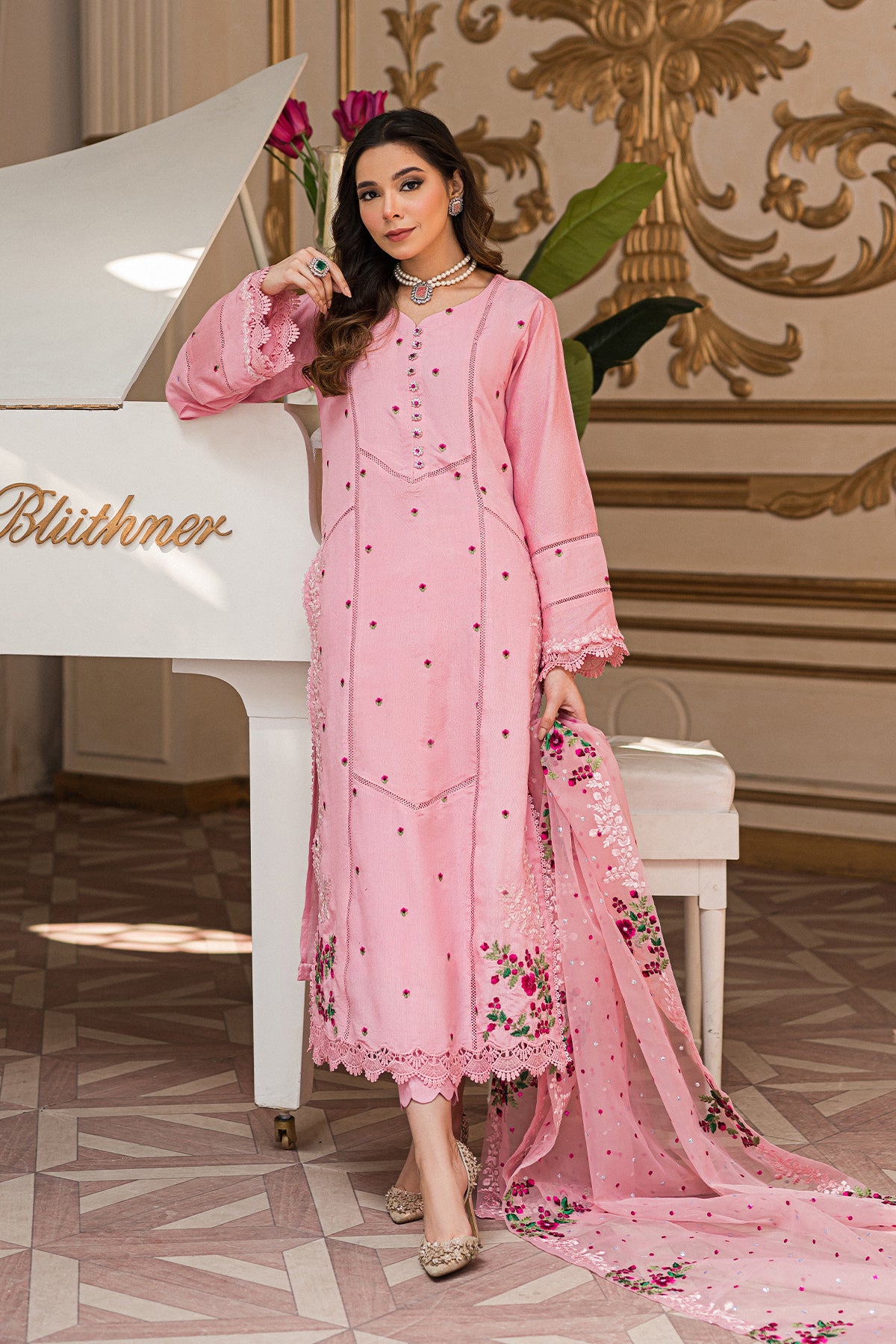 Blush Pink Embroidered Cotton Net 3-Piece Suit - Image 1