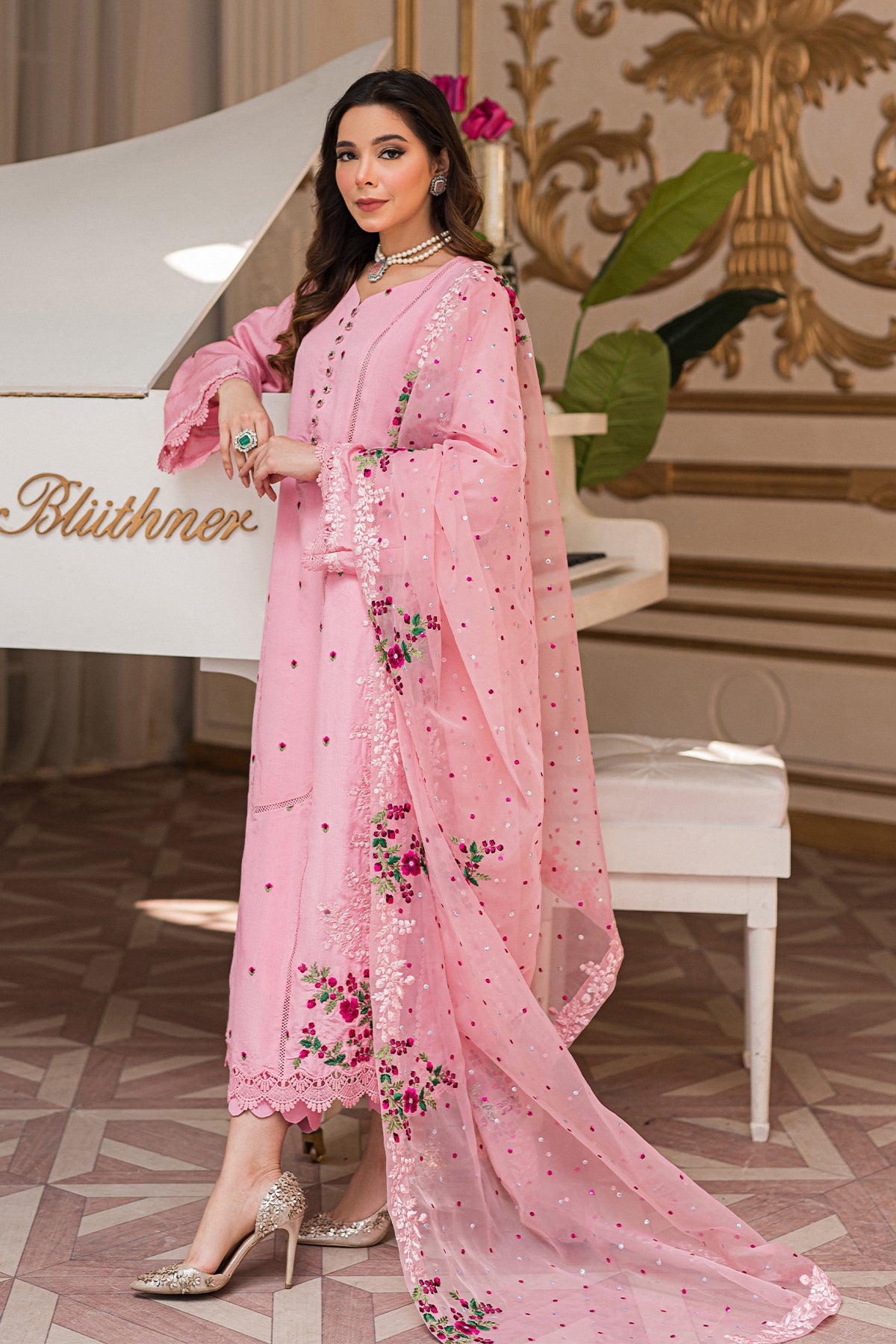 Blush Pink Embroidered Cotton Net 3-Piece Suit - Image 3