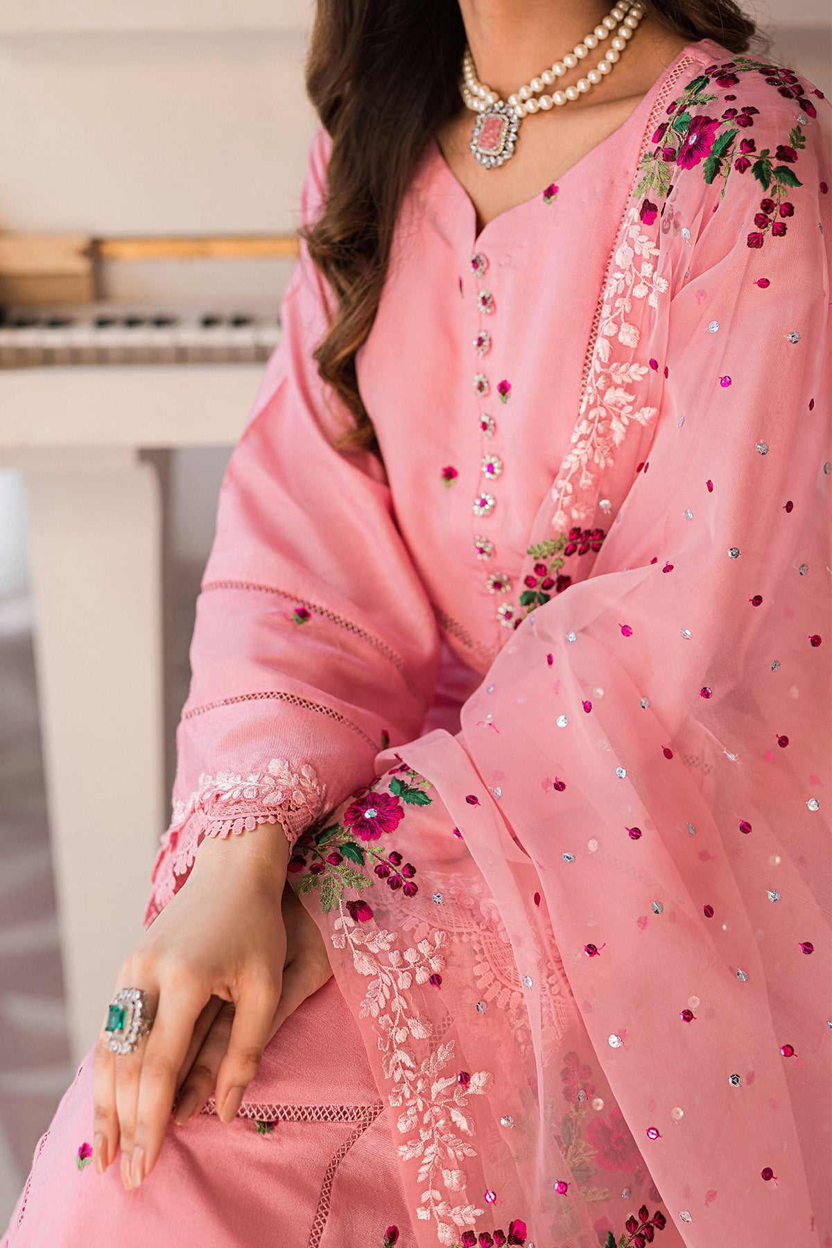 Blush Pink Embroidered Cotton Net 3-Piece Suit - Image 5