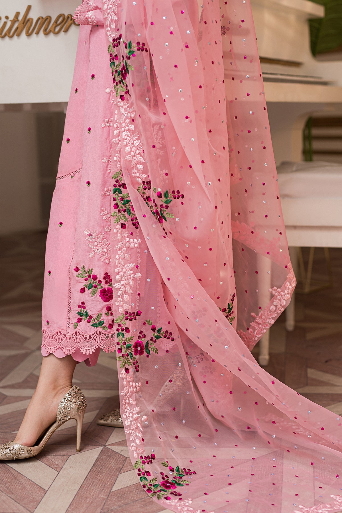 Blush Pink Embroidered Cotton Net 3-Piece Suit - Image 6