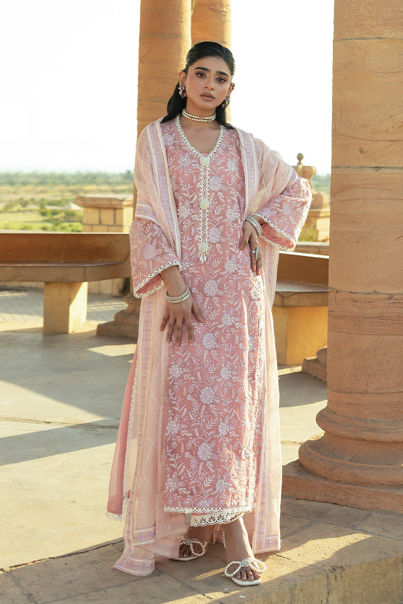 Pakistani Pink Embroidered Cotton Net Salwar Kameez (3-Piece) - Image 1