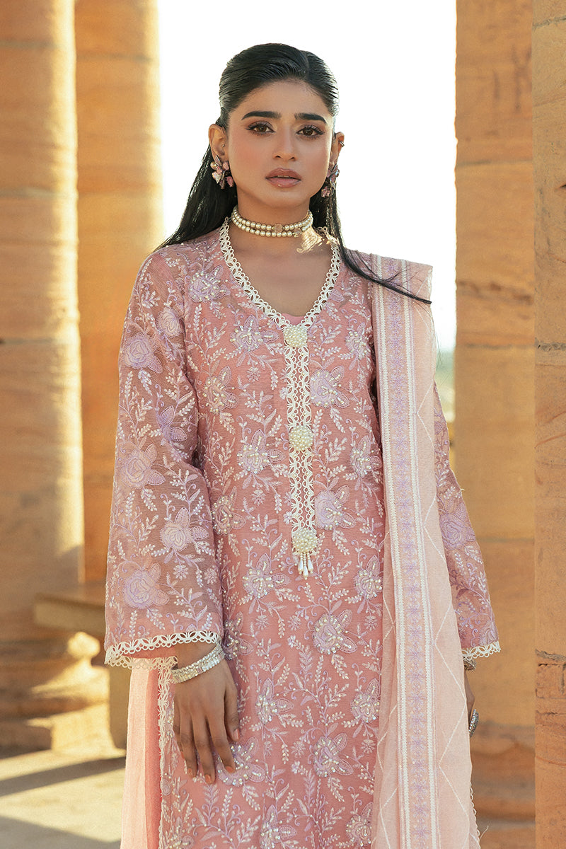 Pakistani Pink Embroidered Cotton Net Salwar Kameez (3-Piece) - Image 2