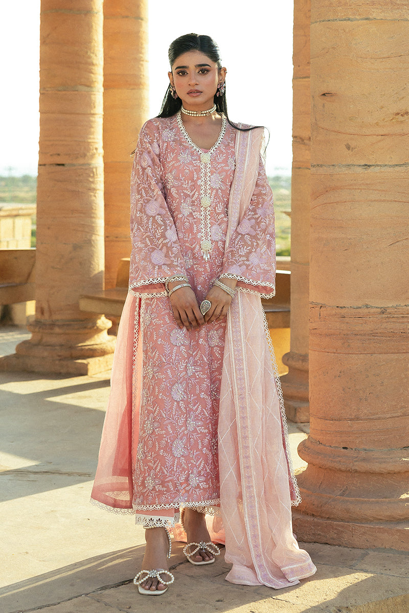 Pakistani Pink Embroidered Cotton Net Salwar Kameez (3-Piece) - Image 3
