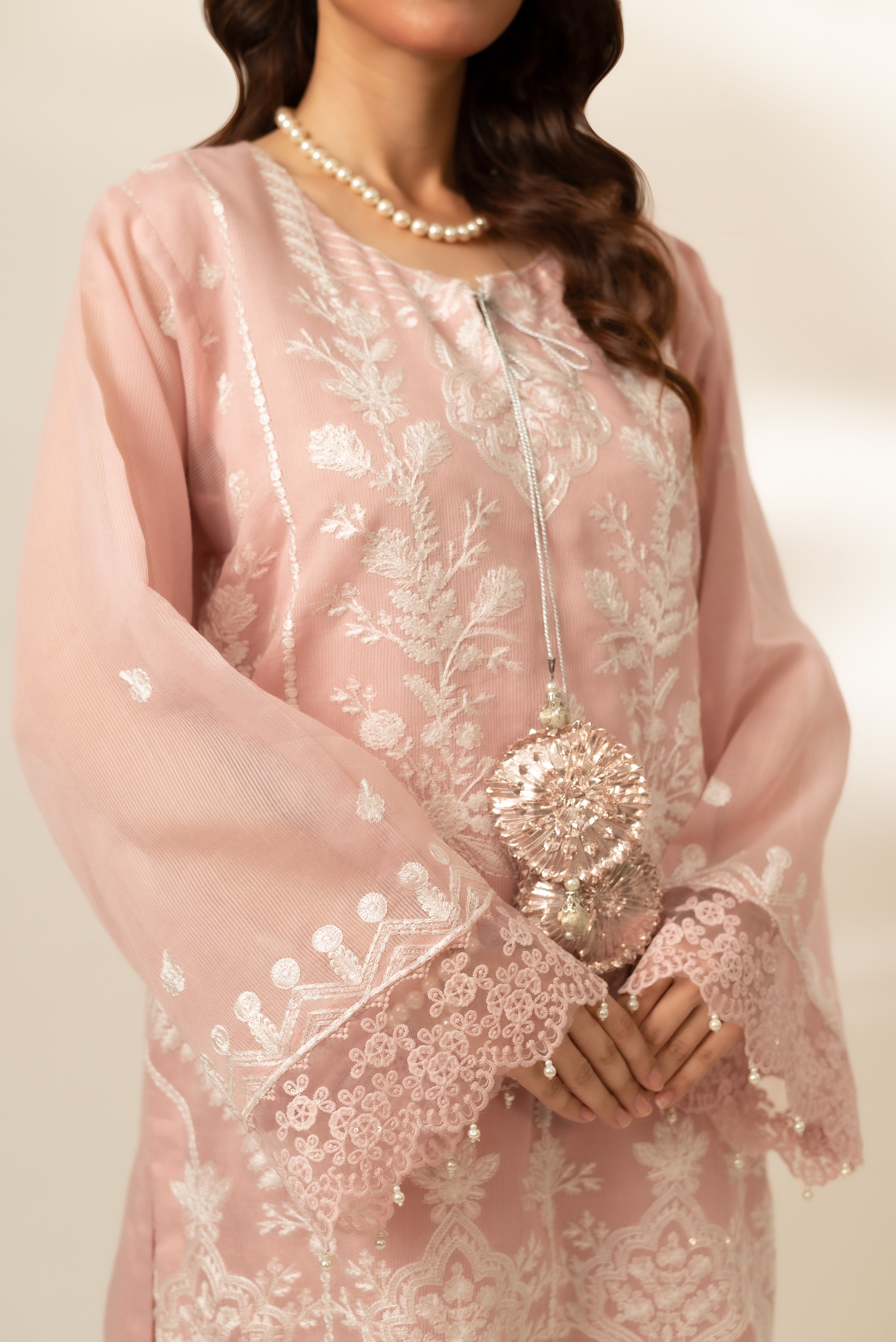 Pakistani Powder Pink Embroidered Cotton Net Salwar Kameez (2-Piece) - Image 1
