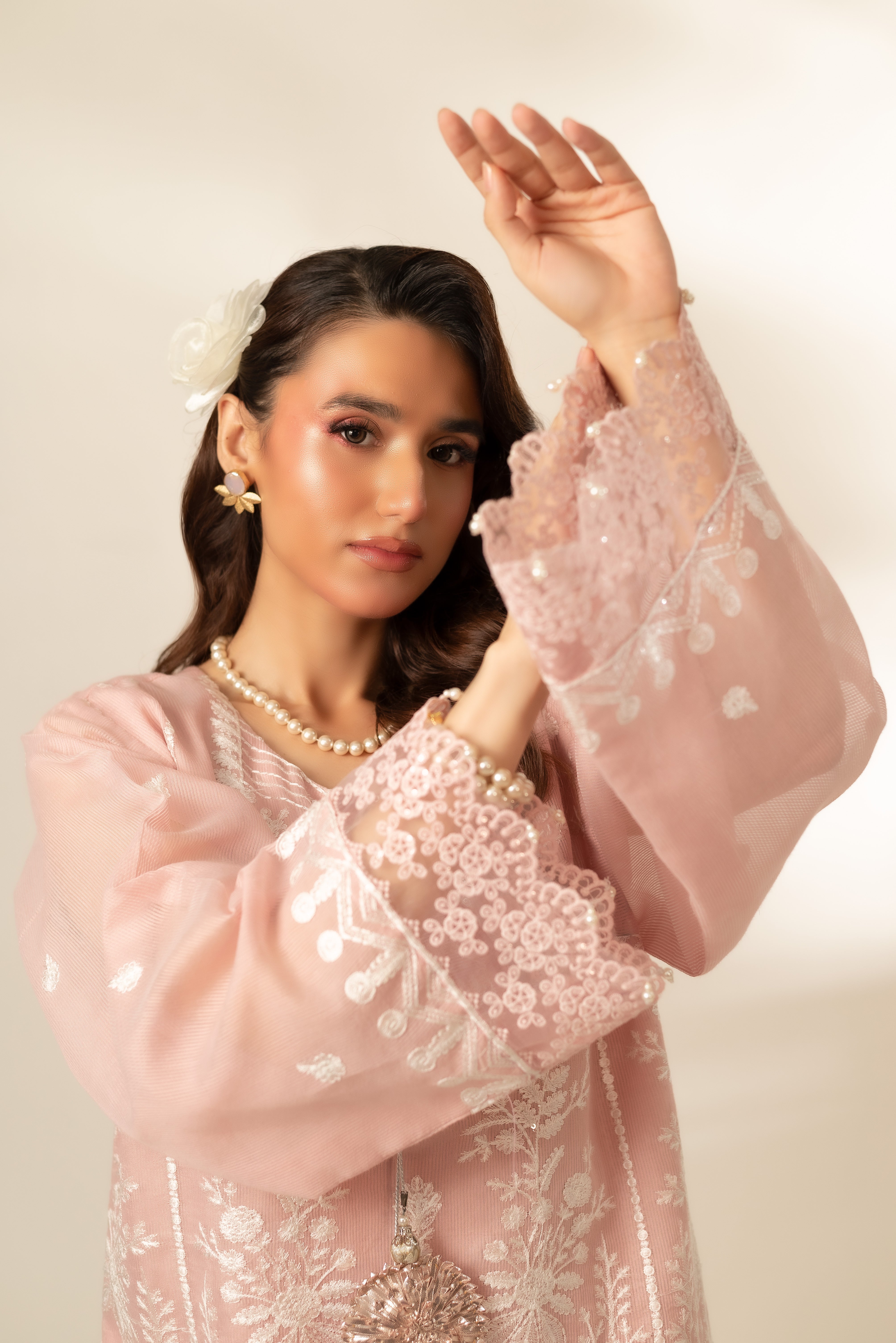 Pakistani Powder Pink Embroidered Cotton Net Salwar Kameez (2-Piece) - Image 2