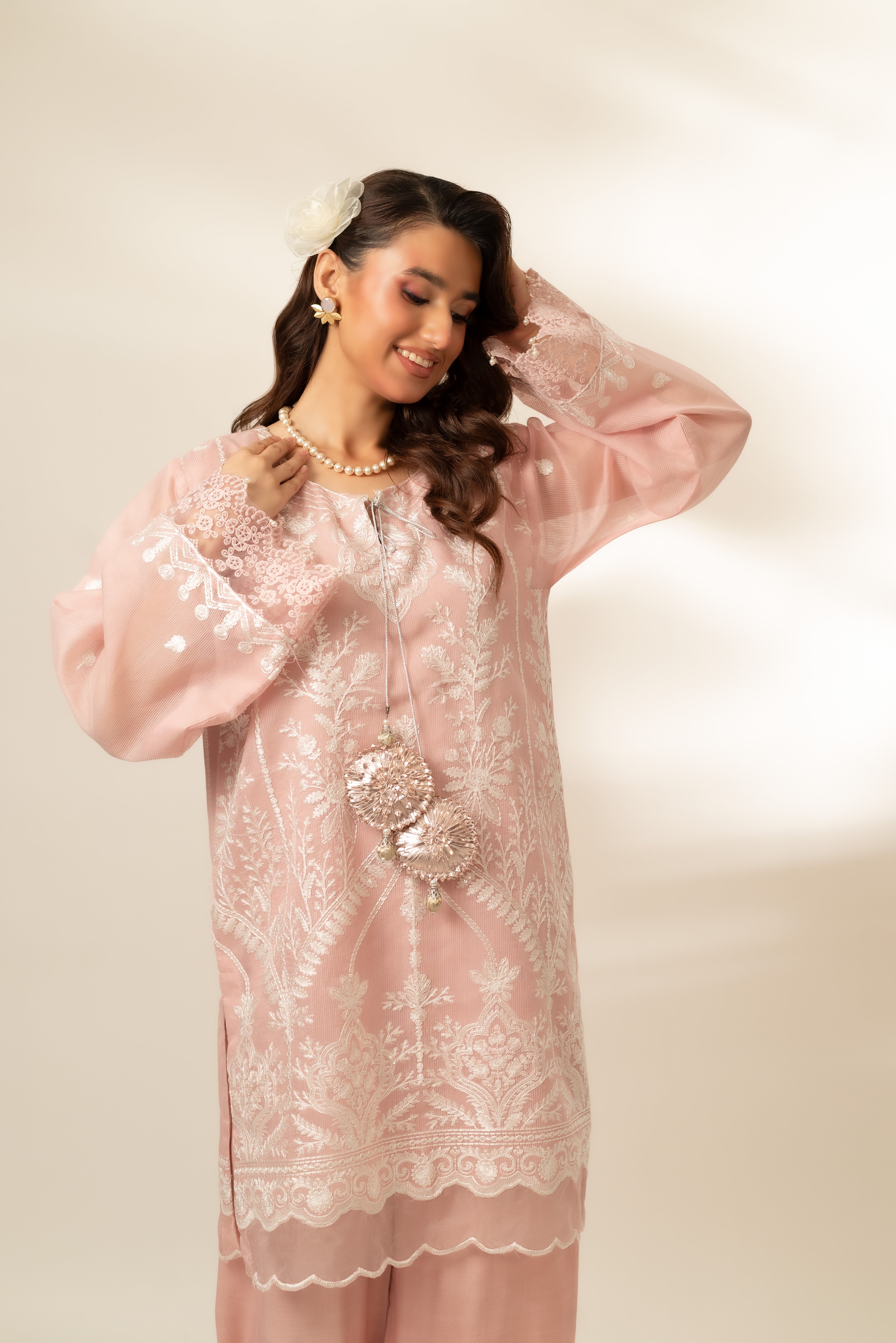 Pakistani Powder Pink Embroidered Cotton Net Salwar Kameez (2-Piece) - Image 3