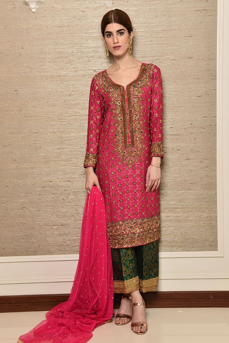 Pakistani Fuchsia Zardozi Cotton Net Salwar Kameez (3-Piece) - Image 1