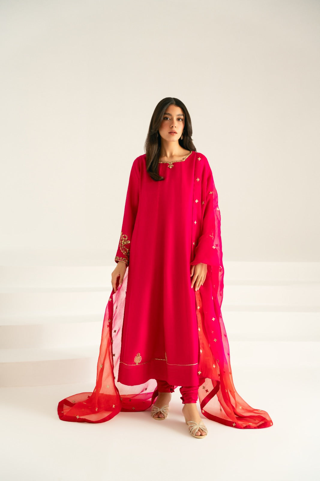Pakistani Fuchsia Zari Sequin Cotton Net Salwar Kameez (3-Piece) - Image 1
