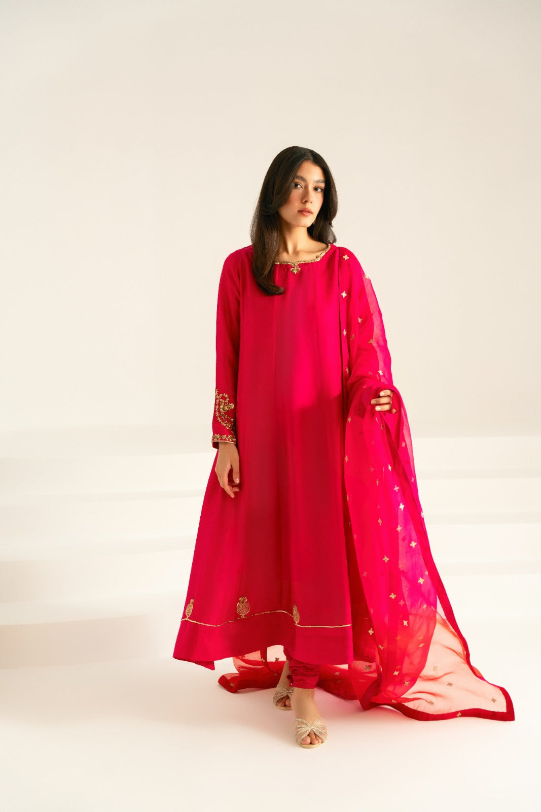 Pakistani Fuchsia Zari Sequin Cotton Net Salwar Kameez (3-Piece) - Image 2