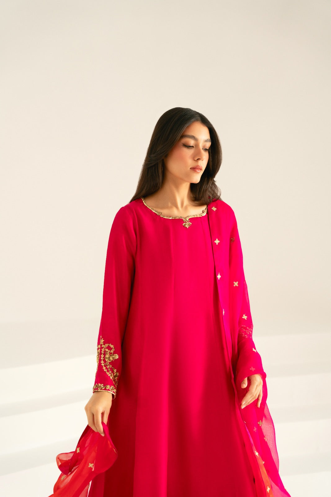 Pakistani Fuchsia Zari Sequin Cotton Net Salwar Kameez (3-Piece) - Image 3