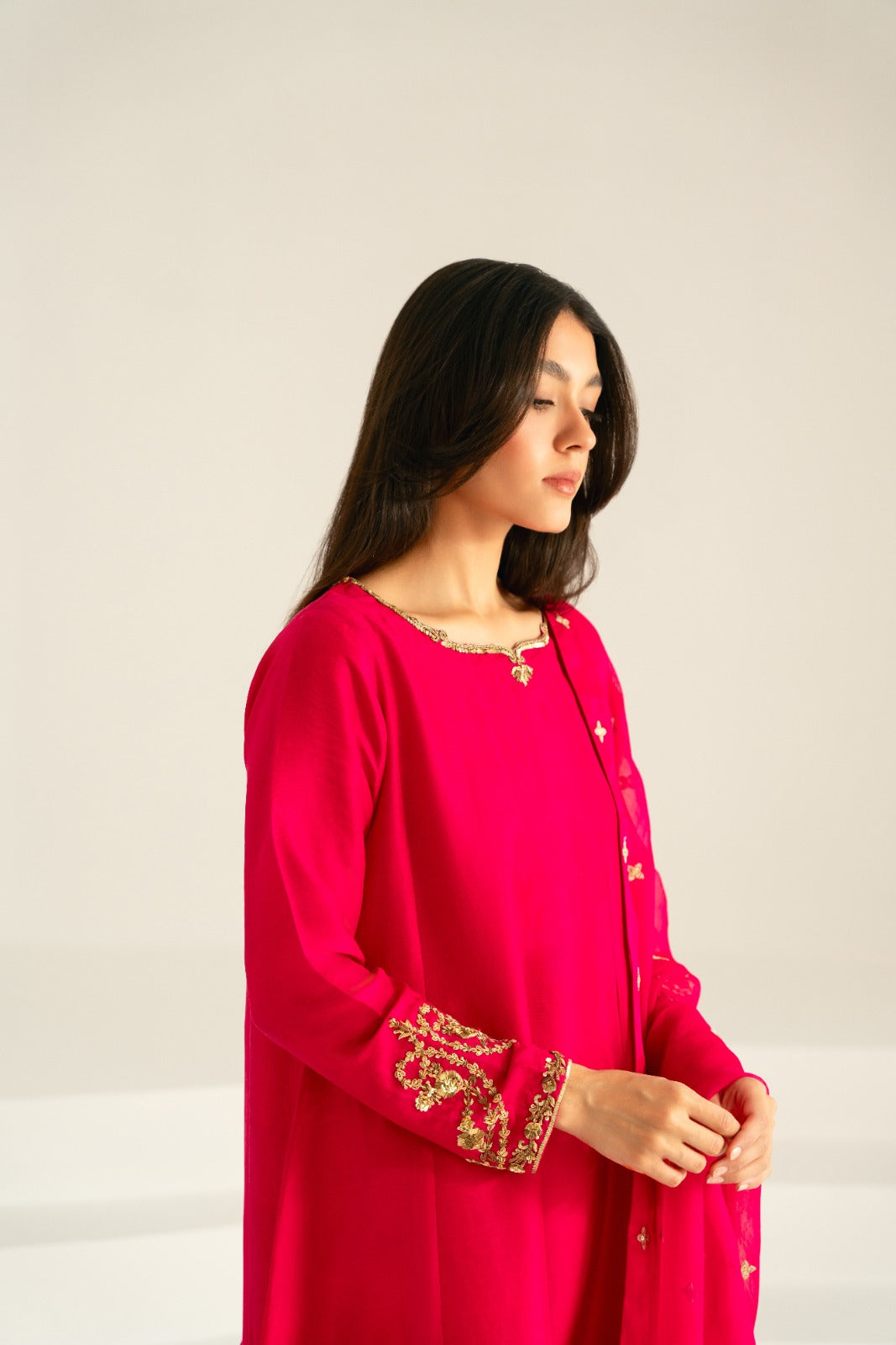 Pakistani Fuchsia Zari Sequin Cotton Net Salwar Kameez (3-Piece) - Image 7