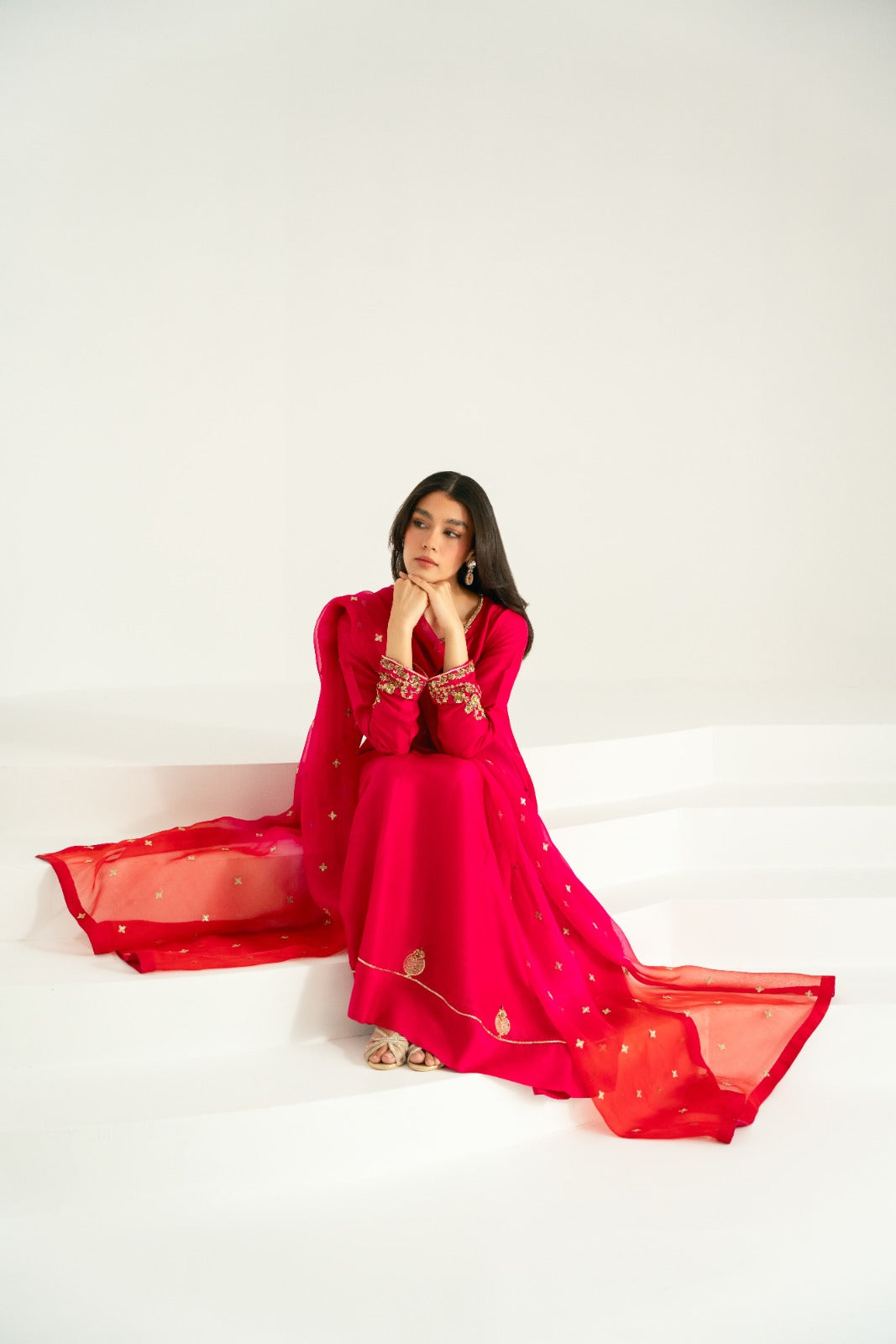 Pakistani Fuchsia Zari Sequin Cotton Net Salwar Kameez (3-Piece) - Image 8