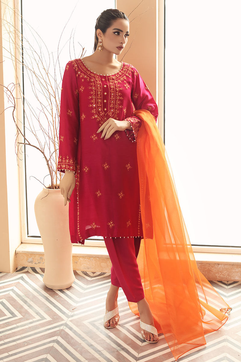 Fuschia Pink Hand-Embroidered Cotton Salwar Kameez (3-Piece) - Image 1