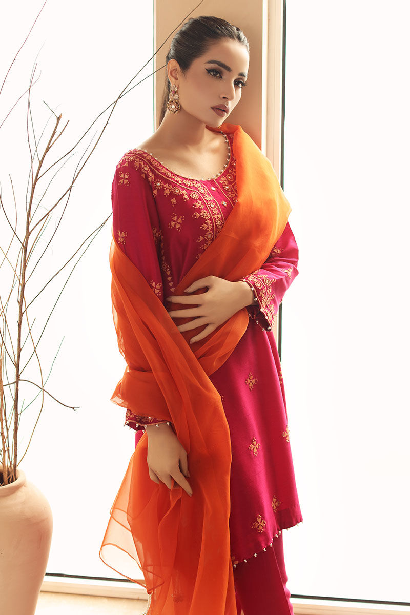 Fuschia Pink Hand-Embroidered Cotton Salwar Kameez (3-Piece) - Image 2