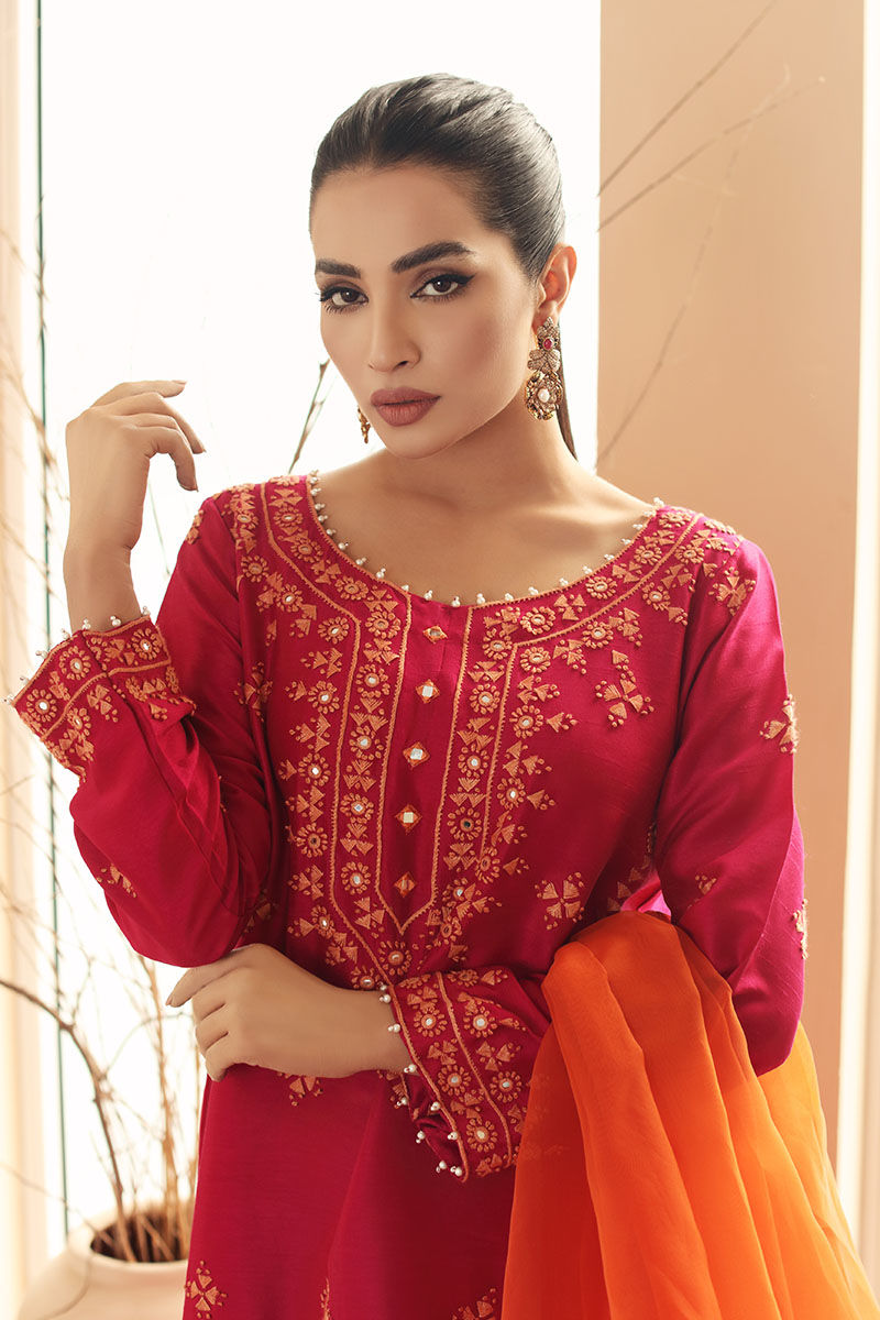 Fuschia Pink Hand-Embroidered Cotton Salwar Kameez (3-Piece) - Image 3