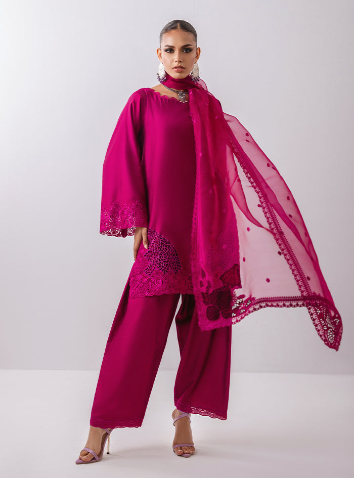 Pakistani Magenta Cutwork Cotton Silk Kurta Set (3-Piece) - Image 1