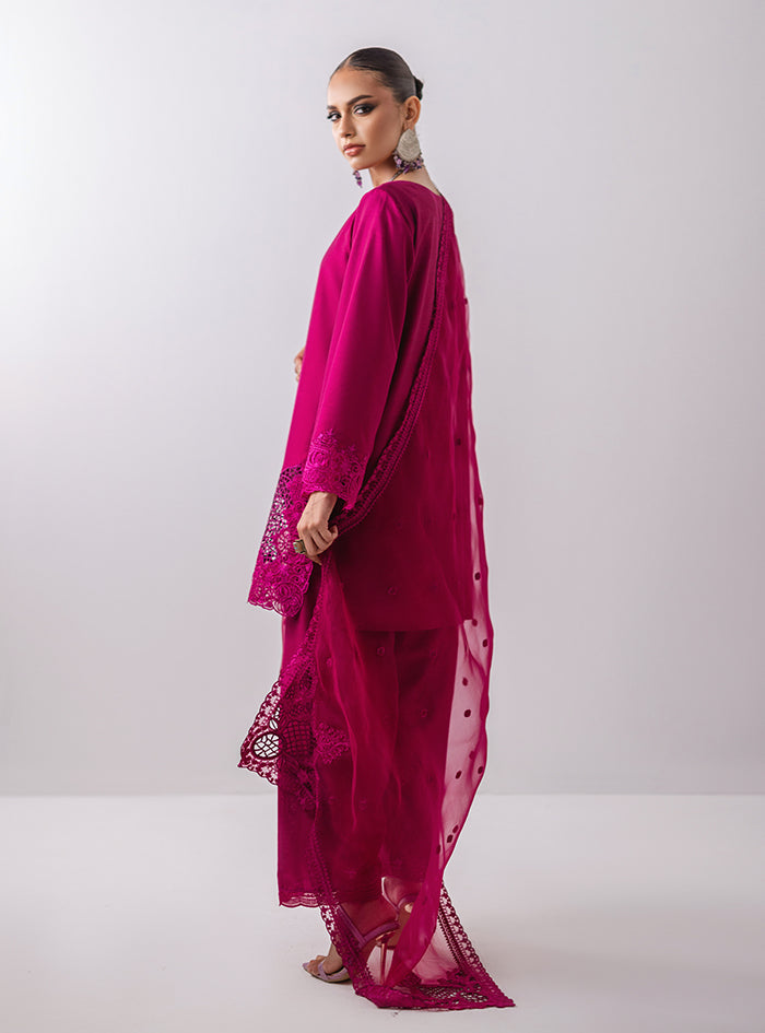Pakistani Magenta Cutwork Cotton Silk Kurta Set (3-Piece) - Image 2