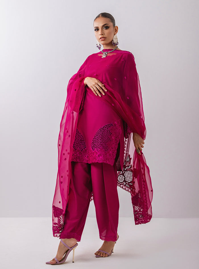 Pakistani Magenta Cutwork Cotton Silk Kurta Set (3-Piece) - Image 3