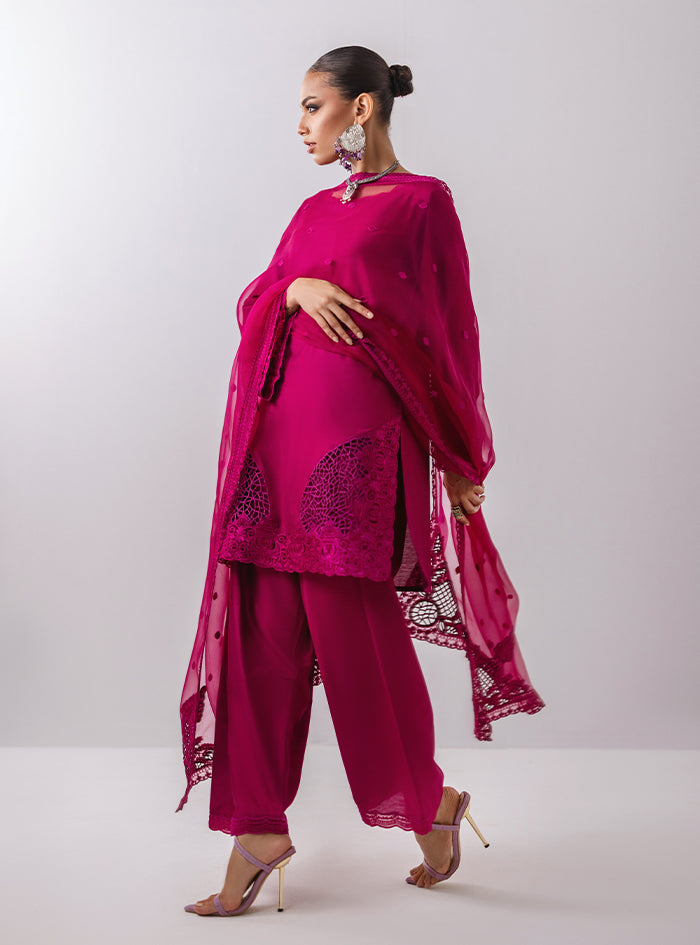 Pakistani Magenta Cutwork Cotton Silk Kurta Set (3-Piece) - Image 4