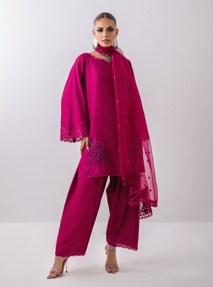 Pakistani Magenta Cutwork Cotton Silk Kurta Set (3-Piece) - Image 5
