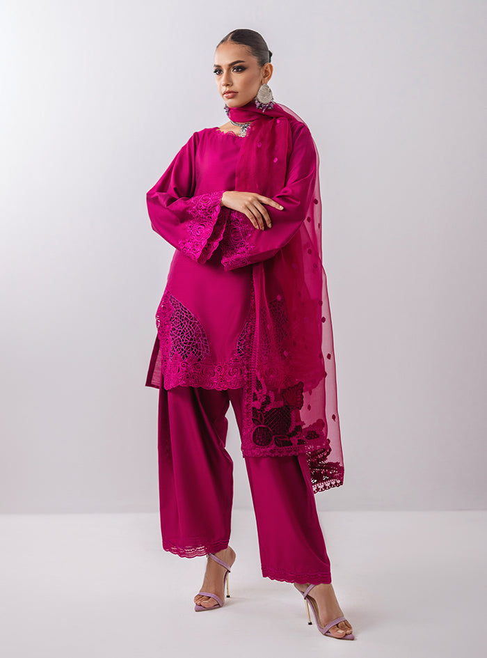 Pakistani Magenta Cutwork Cotton Silk Kurta Set (3-Piece) - Image 6