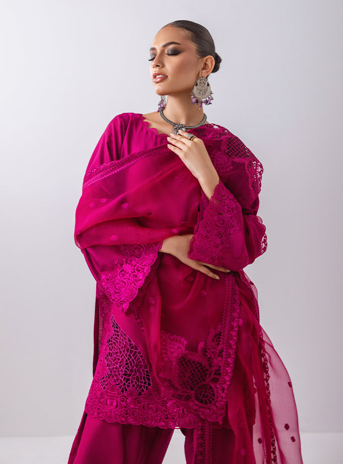 Pakistani Magenta Cutwork Cotton Silk Kurta Set (3-Piece) - Image 7