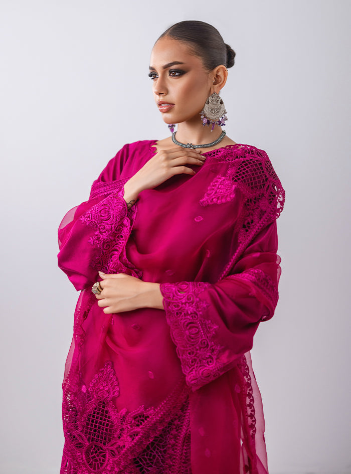 Pakistani Magenta Cutwork Cotton Silk Kurta Set (3-Piece) - Image 8