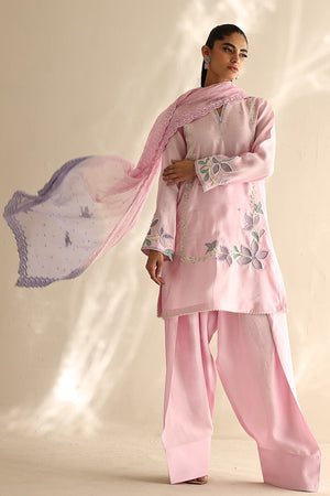 Soft Pink Floral Appliqué Cotton Silk Salwar Kameez (3-Piece) - Image 1