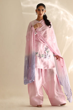 Soft Pink Floral Appliqué Cotton Silk Salwar Kameez (3-Piece) - Image 2
