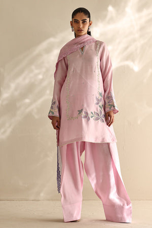 Soft Pink Floral Appliqué Cotton Silk Salwar Kameez (3-Piece) - Image 3