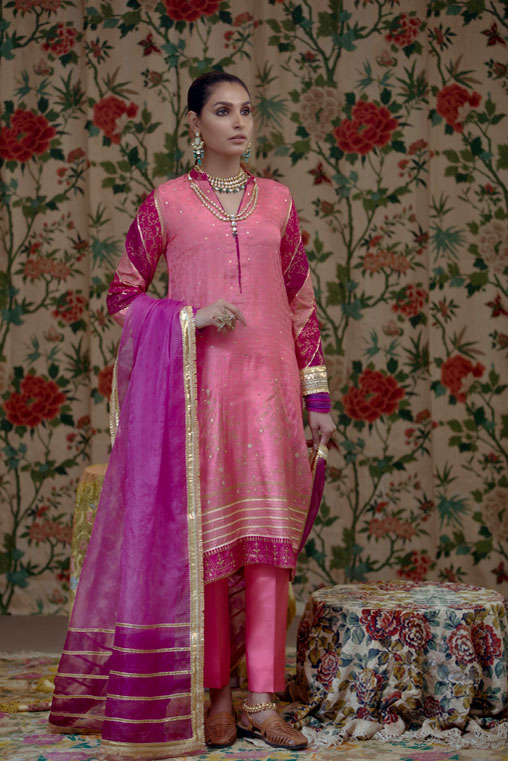 Pakistani Salmon Hand-Embellished Cotton Silk Kurta (3-Piece) - Image 1