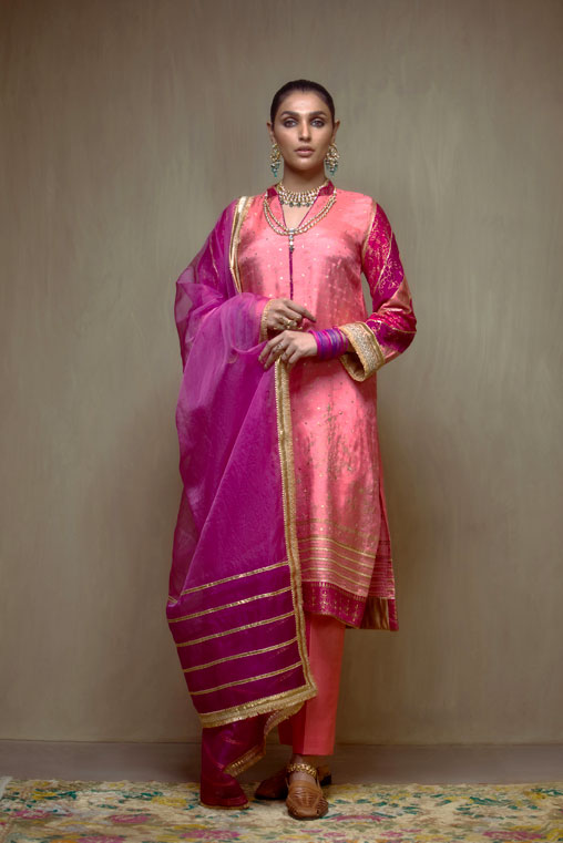 Pakistani Salmon Hand-Embellished Cotton Silk Kurta (3-Piece) - Image 2