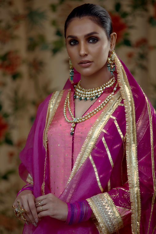 Pakistani Salmon Hand-Embellished Cotton Silk Kurta (3-Piece) - Image 3