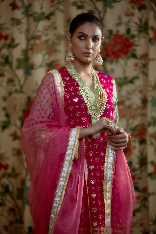 Pink Hand-Printed Cotton Silk Salwar Kameez (3-Piece) - Image 2