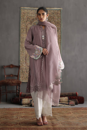 Pakistani Mauve Embroidered Cotton Silk Salwar Kameez (3-Piece) - Image 1
