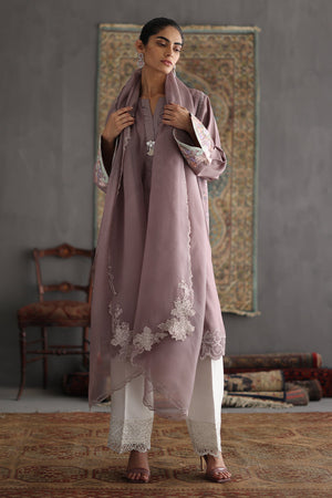 Pakistani Mauve Embroidered Cotton Silk Salwar Kameez (3-Piece) - Image 2