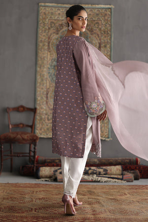 Pakistani Mauve Embroidered Cotton Silk Salwar Kameez (3-Piece) - Image 4