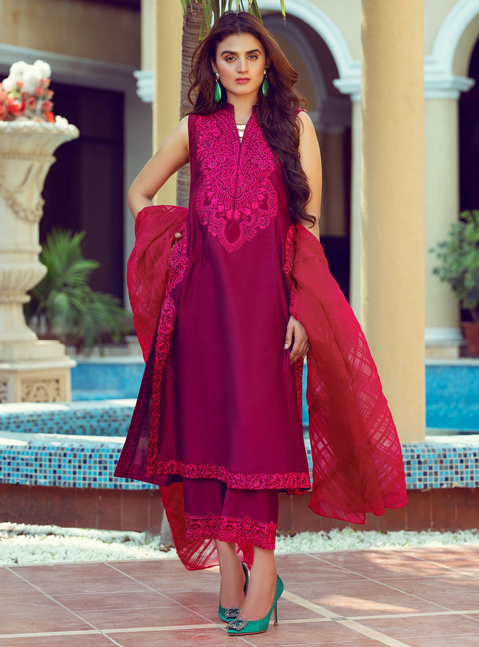 Magenta Hot Pink Embroidered Cotton Silk Salwar Kameez (3-Piece) - Image 1