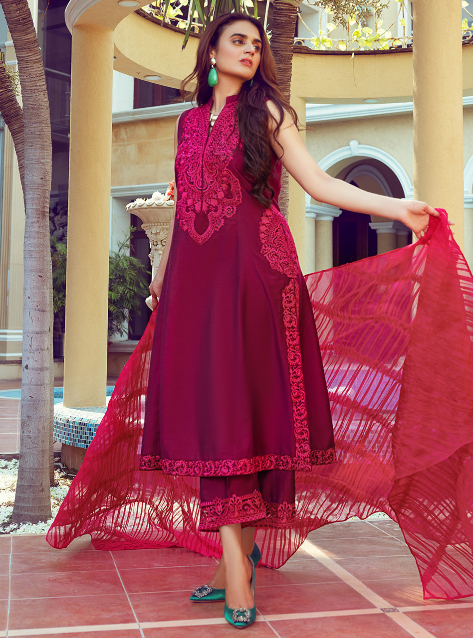 Magenta Hot Pink Embroidered Cotton Silk Salwar Kameez (3-Piece) - Image 2