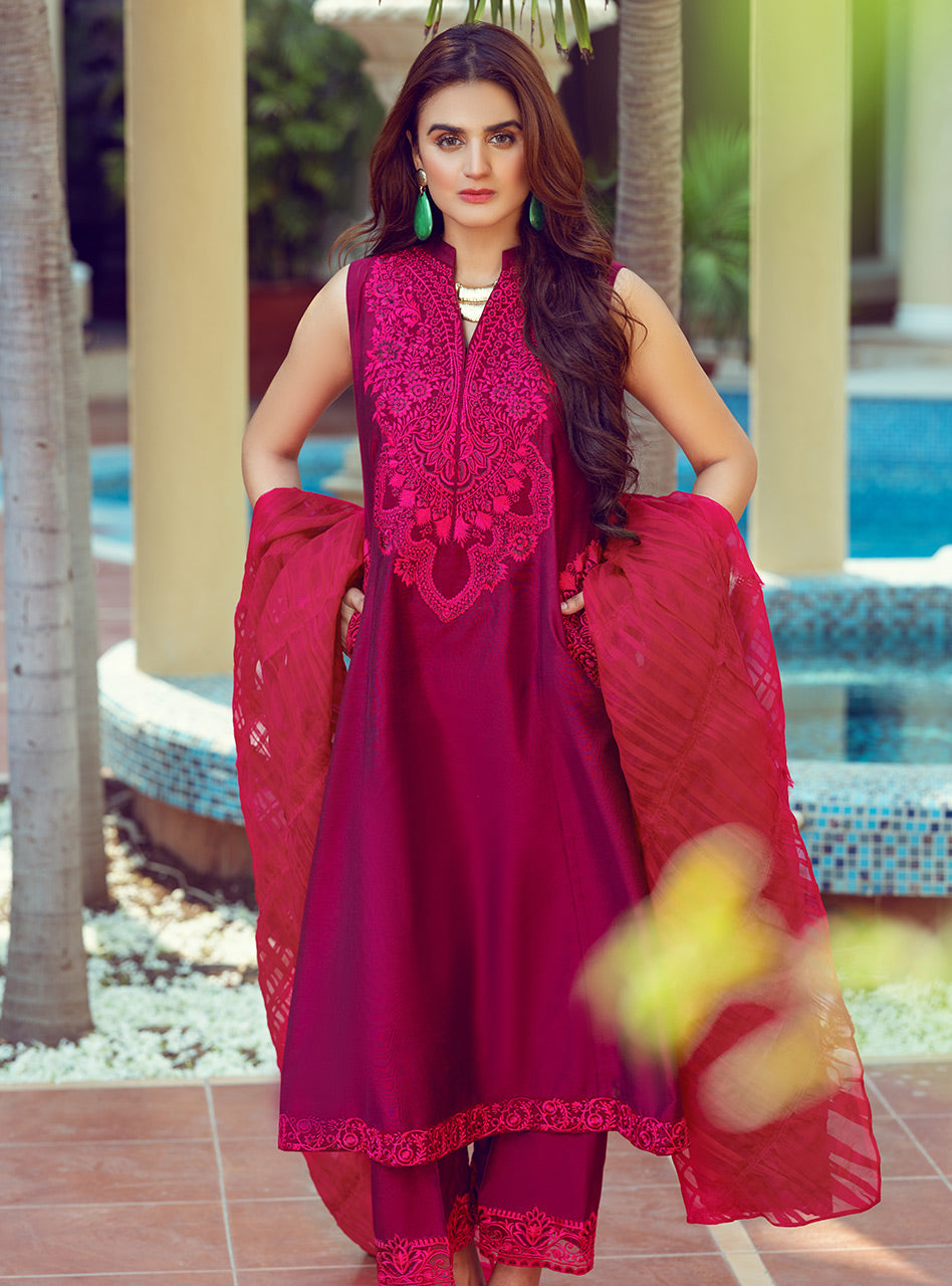 Magenta Hot Pink Embroidered Cotton Silk Salwar Kameez (3-Piece) - Image 3