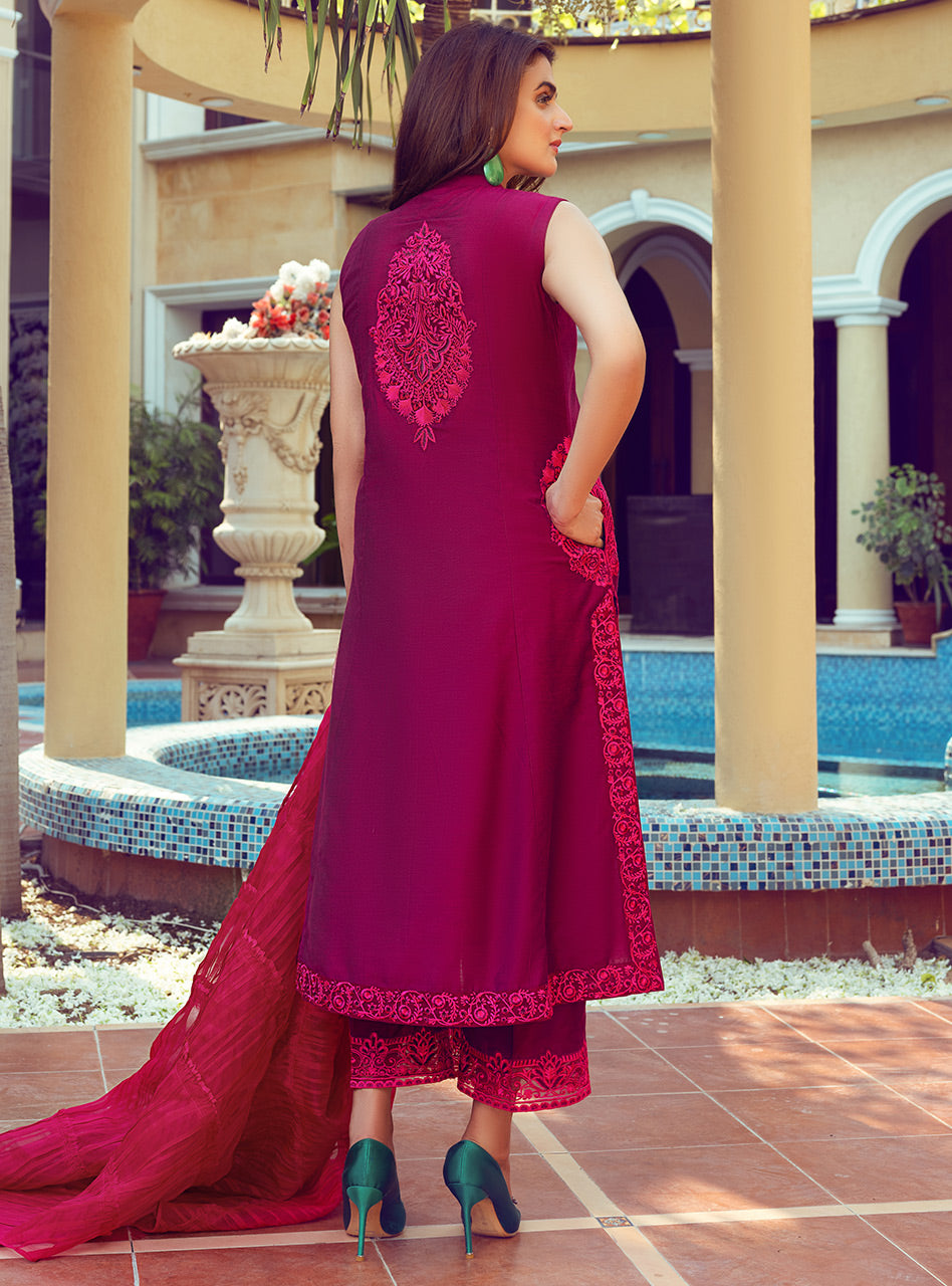 Magenta Hot Pink Embroidered Cotton Silk Salwar Kameez (3-Piece) - Image 4
