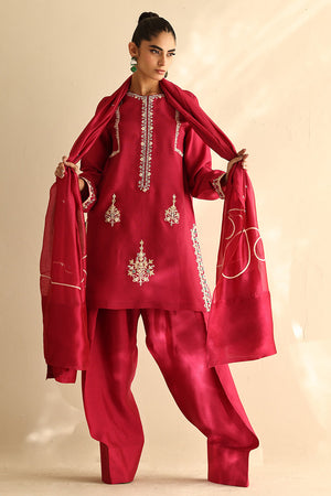 Cherry Pink Embroidered Cotton Silk Salwar Kameez (3-Piece) - Image 1
