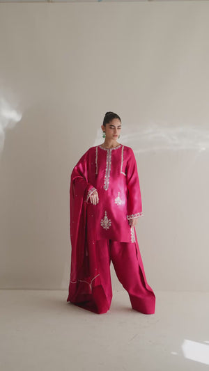 Cherry Pink Embroidered Cotton Silk Salwar Kameez (3-Piece) - Image 2