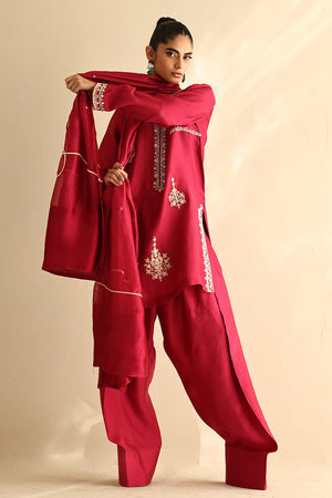 Cherry Pink Embroidered Cotton Silk Salwar Kameez (3-Piece) - Image 3