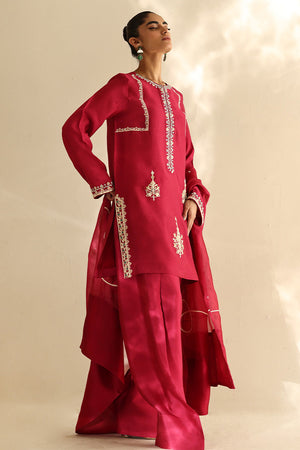 Cherry Pink Embroidered Cotton Silk Salwar Kameez (3-Piece) - Image 4