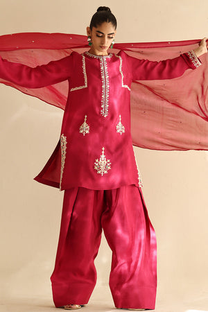 Cherry Pink Embroidered Cotton Silk Salwar Kameez (3-Piece) - Image 5