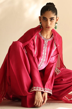 Cherry Pink Embroidered Cotton Silk Salwar Kameez (3-Piece) - Image 6