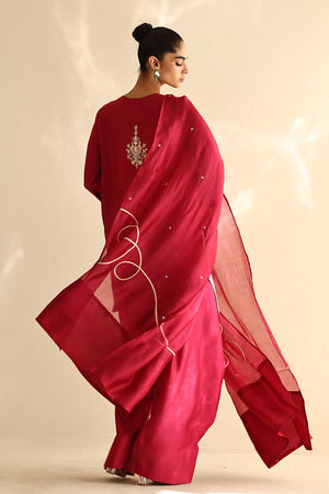 Cherry Pink Embroidered Cotton Silk Salwar Kameez (3-Piece) - Image 7